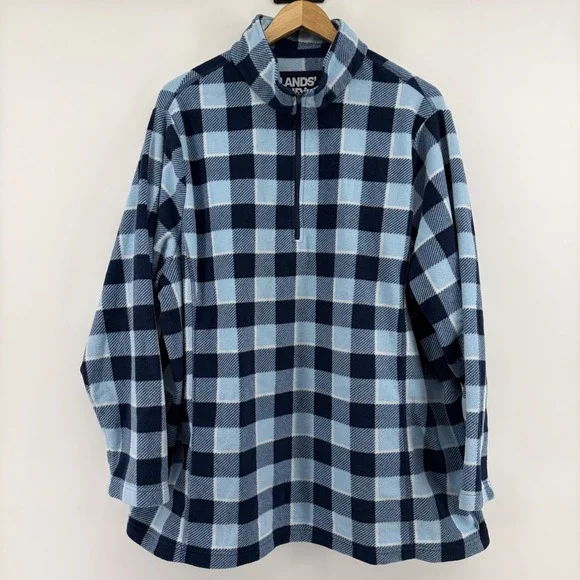 Lands End Blue Buffalo Plaid Fleece Quarter Zip Pullover Mock Neck 2X - Picture 2 of 6